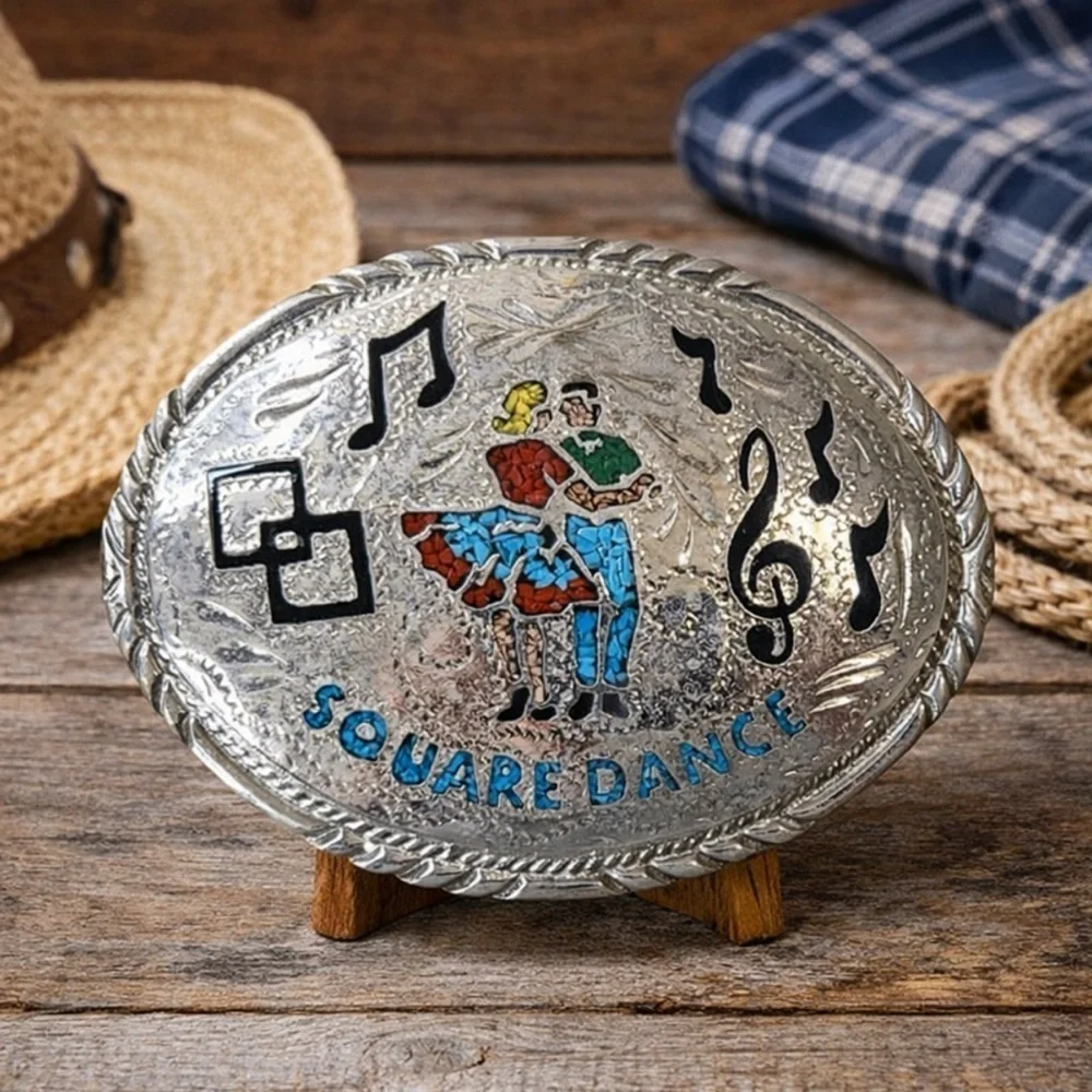 Vtg Square Dance Music Notes Rare inlaid Turquoise Enamel Couple SSI Belt Buckle